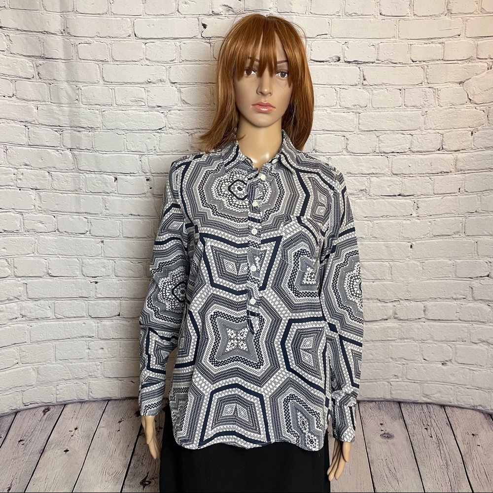 J.Crew Classic-fit Cotton Popover Shirt Blue White Abstract Print Size S